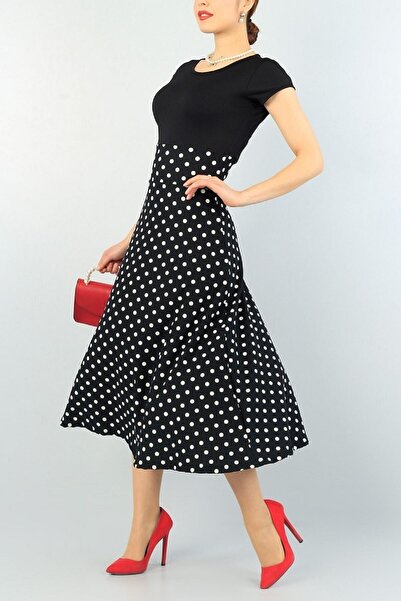 bayansepeti Polka Dot Patterned Short Sleeve Midi Dress 62001