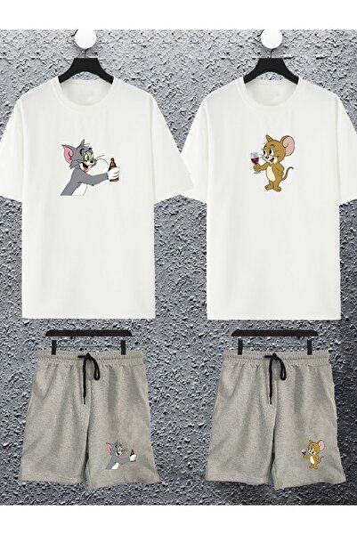 Jobia Outdoors Women Men Tom and Jerry Beer Rack Printed Couple Combination Design Oversize T-shirt Shorts Set of 4