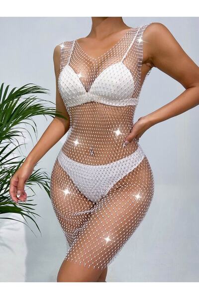 Novapia Μίνι φόρεμα παρεό με κρυστάλλινες πέτρες και σχισμές στα πλαϊνά