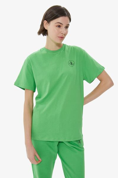 Dahlia Bianca Yeşil Ön Baskılı Bisiklet Yaka Basic T-shirt