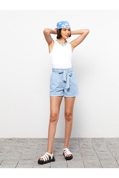 LC Waikiki Elastischer Bund, flache Tasche, Paperbag-Jeansshorts für Damen