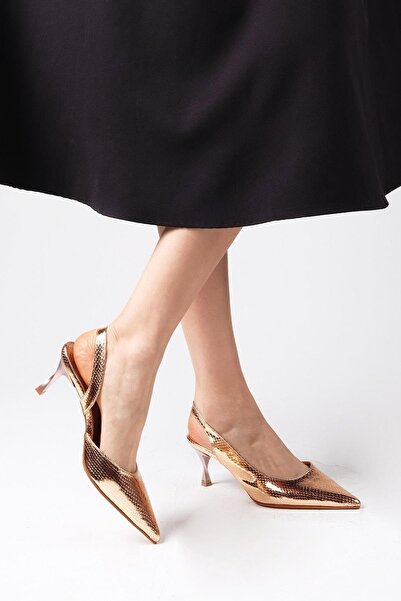 Mio Gusto Metallic Copper Color Snakeskin Patterned Women's Heeled Shoes