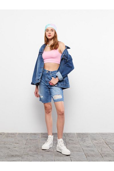LC Waikiki High Waist Standard Fit Gerade Detaillierte Damen Jeans Shorts Blau