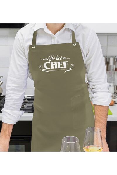 Bk Gift Profesyonel The Best Chef Tasarımlı Haki Yeşil Mutfak Önlüğü, Aşçı Ön...