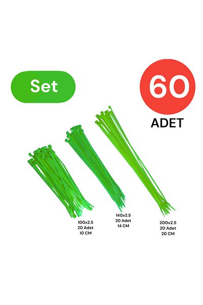 Tek-İş طقم مشبك ربطة كابل بلاستيك 100-150-200 × 2.5 مم أخضر (20 × 3) 60 قطعة