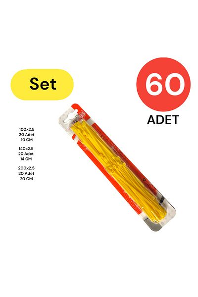 Tek-İş مجموعة مشابك ربط الكابلات البلاستيكية 100-150-200 X 2.5 مم أصفر (20 × 3) 60 قطعة