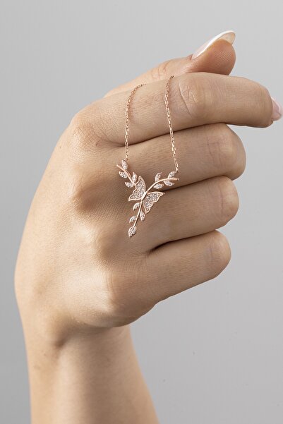 ESSARE 925 Ayar Gümüş Rose Kaplama Daldaki Kelebek Kolye