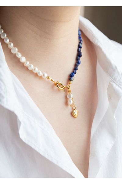 CHARMLUCKY Natural Lapis Lazuli Stone - Pearl Necklace