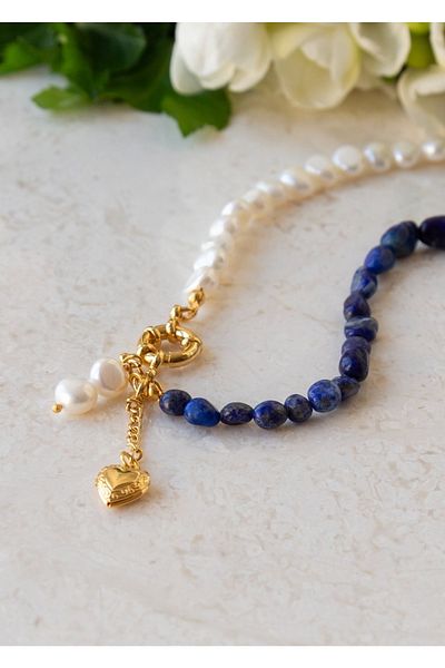 CHARMLUCKY Natural Lapis Lazuli Stone - Pearl Necklace