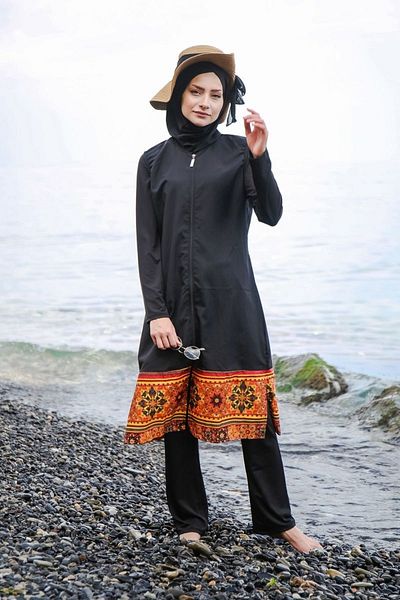 Marina 4-Pack Parachute Black Hem Patterned Zippered Fully Covered Hijab Swimsuit 1982