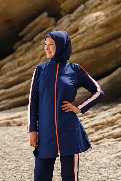 Marina Parachute 3-teiliger marineblauer Hijab-Badeanzug mit Reißverschluss, vollständig bedeckt, M2270