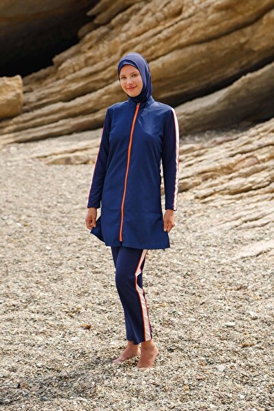 Marina Ejtőernyős 3 részes sötétkék cipzáros részletes, teljesen fedett Hidzsáb fürdőruha M2270