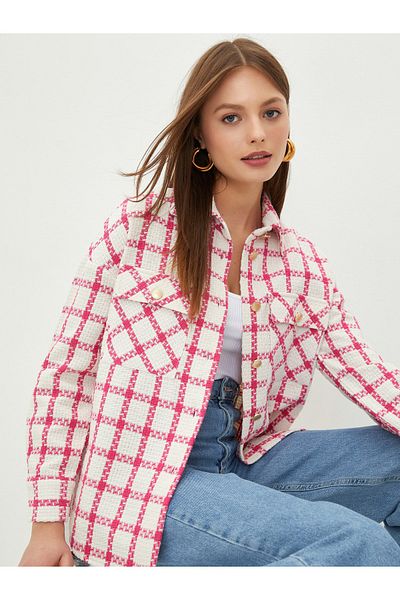 LC Waikiki Inggalléros kockás hosszú ujjú Tweed női ingkabát