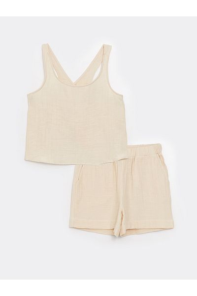 LC Waikiki U gallérú Sima Muslin női rövidnadrág pizsama szett