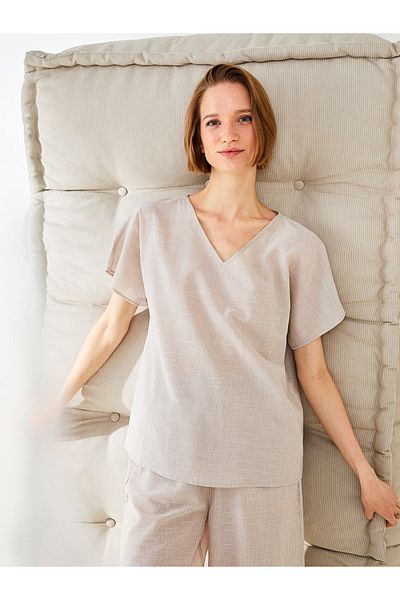 LC Waikiki Top de pijama pentru femei, cu decolteu în V, cu dungi scurte din bumbac