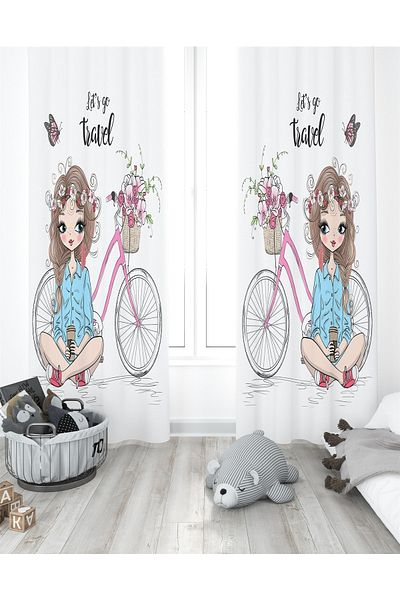 EVPANYA Perdele pentru cameră pentru copii cu model Fată pe bicicletă (preț cu o singură aripă)