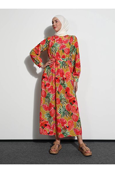Benin Φόρεμα Hijab με φλοράλ στάμπα με δαντέλα στη μέση - Κοραλί τροπικό σχέδιο -