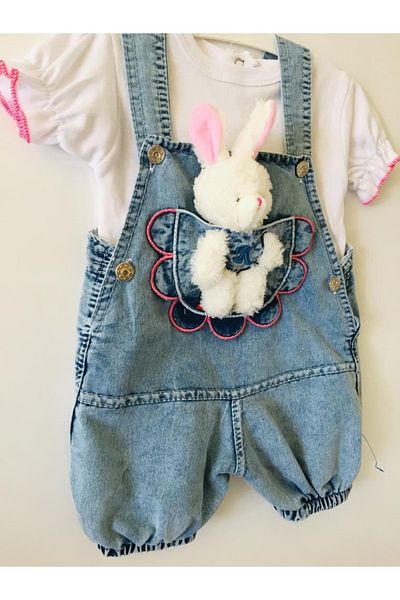 GÜNEŞ KİDS Baby Girl Toy Rabbit Accessory Denim Salopet and T-shirt Set