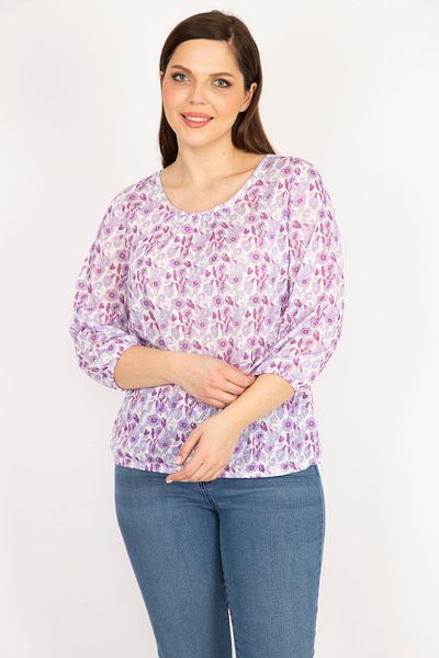 Şans Women's Lilac Plus Size Collar and Skirt Rubber Detailed Blouse 65n36183