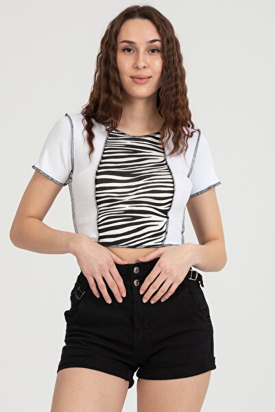 ALFUDO Moda Collection Bluză albă cu cusătură inversă, cu model zebră, materi...