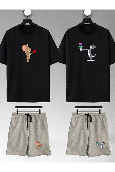 macklin Unisex Γυναικείες Ανδρικές φλοράλ Tom and Jerry Printed Lover Couple Combination Design Oversize Tshirt και σορτς