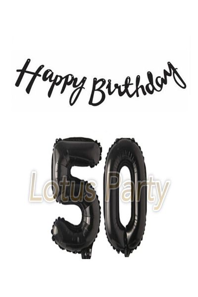 LOTUS PARTY Black 50 Numbers Foil Balloon Black Happy Birthday Text Banner