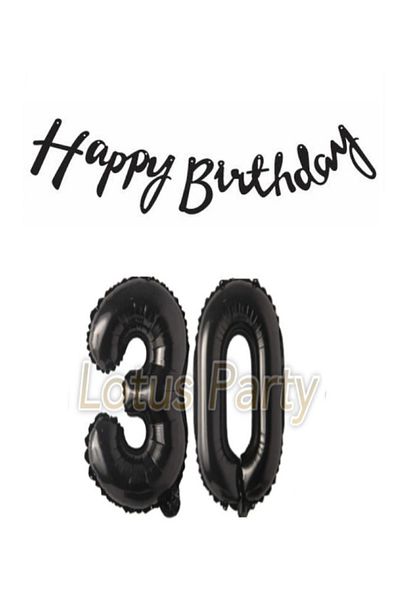 LOTUS PARTY Black 30 Number Foil Balloon Black Happy Birthday Text Banner