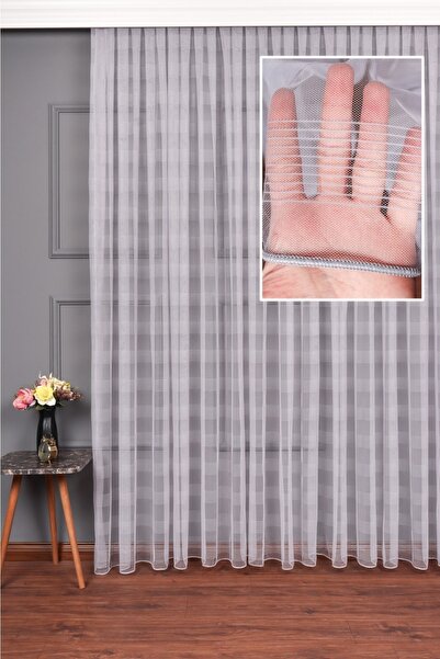 perdealemi Çizgli Armül Gri Düz Tül Perde, 350x250, Seyrek Pile, 1/2