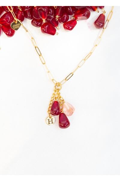 CHARMLUCKY Murano Nar Tanesi Salkım Kolye Harfli