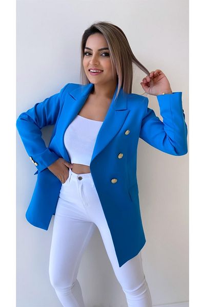 SEDA FİDAN Jachetă Blazer cu nasturi aurii Fleto Buzunar Albastru
