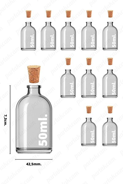 parlakcam 10 Adet 50ml Bebek Ve Nikah Şekeri Süsleme Malzemesi Mantarlı Cam Şişe Mantar Kapaklı Şişe