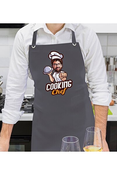 Bk Gift Kişiye Özel Erkek Chef Karikatürlü Profesyonel Antrasit Mutfak Önlüğü...