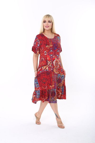 mezura tekstil Plus Size Knee Length Sleeves and Skirt Ruffle Detailed Stylish Pocketed Viscose Combed Cotton Dress
