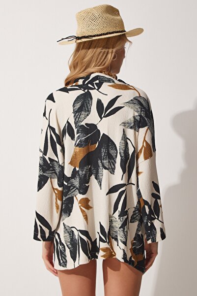 Happiness İstanbul Dámské černé krémové vzorované dlouhé kimono viskózové letní kimono DD01204