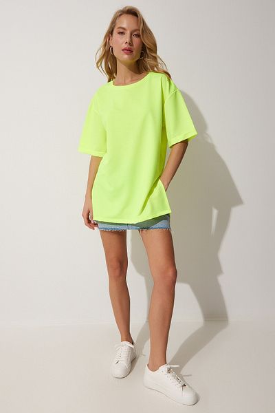 Happiness İstanbul Women's Neon Green Crew Neck Side Slit Oversize T-Shirt TS00187