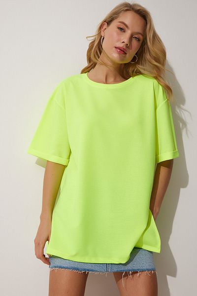Happiness İstanbul Women's Neon Green Crew Neck Side Slit Oversize T-Shirt TS00187