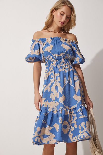 Happiness İstanbul Women's Blue Carmen Collar Summer Linen Viscose Dress MX00084