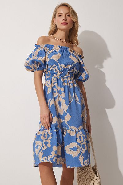 Happiness İstanbul Women's Blue Carmen Collar Summer Linen Viscose Dress MX00084