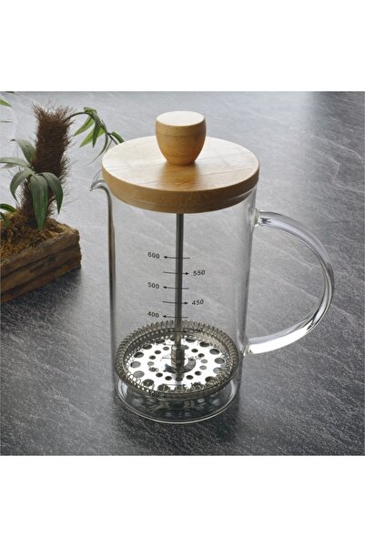 Tohana Bambu Kapaklı Cam French Press 600 Ml Filtre Kahve Bitki Çayı - Ölçekli