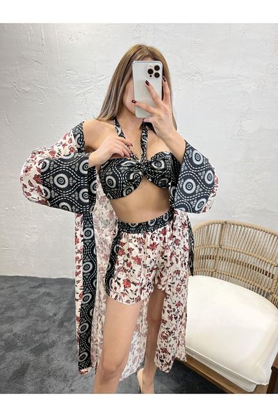 Fame Women's Floral Patterned 3-Piece Satin Kimono Set
