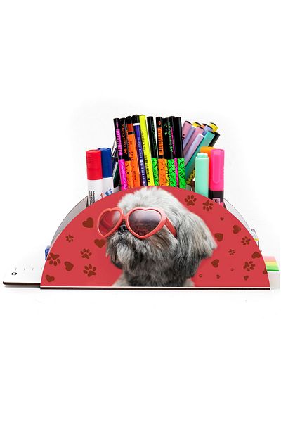 kutuTR Wooden Vip Dog Series Rainbow Ruled Desktop Pen Holder Organizer Assembled Boxed