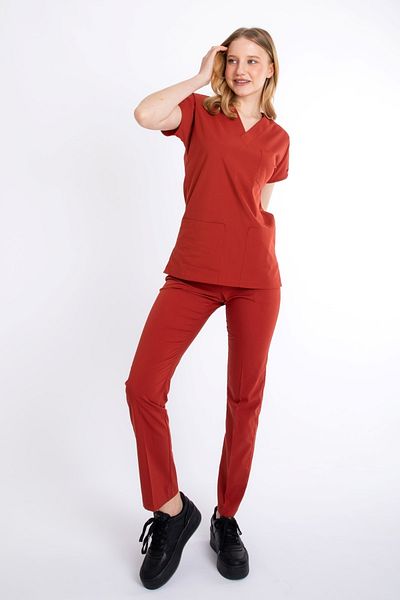 Uçak Medikal Burnt Orange U-Flex Lycra Nurse Doctor Jersey Surgical Suit