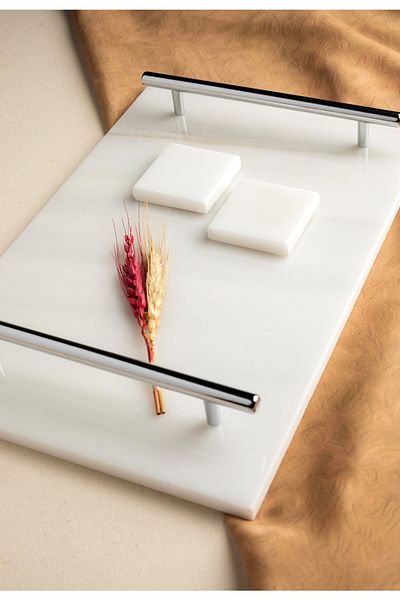 MERALP Thin Marble Silver Promise/ Engagement Tray, Silver Scissors, 2 Removable Rings, Metal Profile Handle