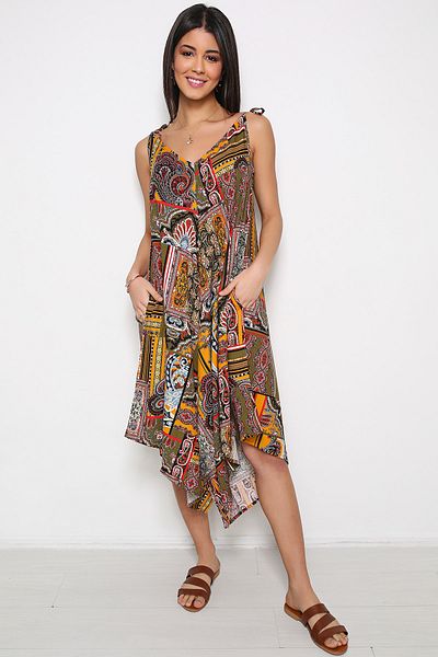 AVORWE V-Neck Asymmetrical Cut Ethnic Patterned Pocketed Shoulder-Tied Summer Jumpsuit