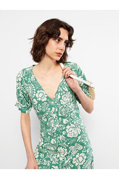 LC Waikiki Květinové lněné dámské šaty s krátkým rukávem s výstřihem do V