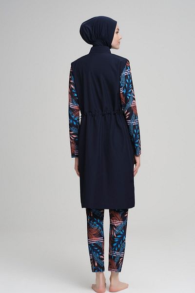 Nehar 3 Piece Hijab Swimsuit Set with Arm and Tights Patterned Navy Blue Jelly 2230