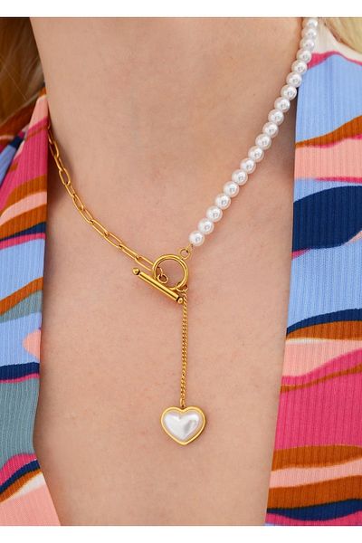 Duke Nickle Pearl Heart Detailed Interlocking Steel Necklace