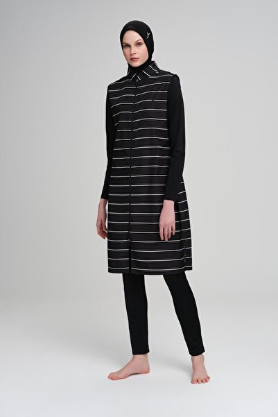 Haşema Σετ μαγιό Hijab 4 τεμαχίων με λευκό ριγέ μαύρο γκιλέ