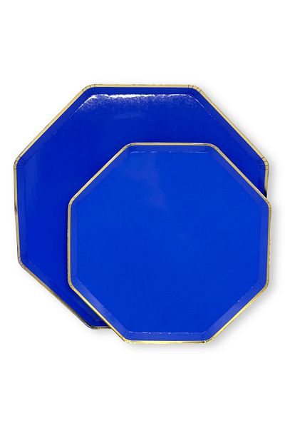 Mare Karnaval Octagonal Midnight Blue Gold Gilt Cardboard Party Plate 8 Pieces-18cm