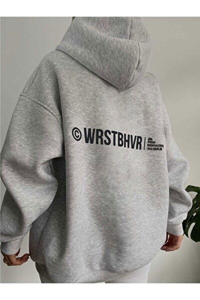 Machetta Wrst Baskılı Unisex Oversize Gri Kapüşonlu Sweatshirt